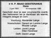 Overlijdensbericht H.P. (Hans) MG (1993)